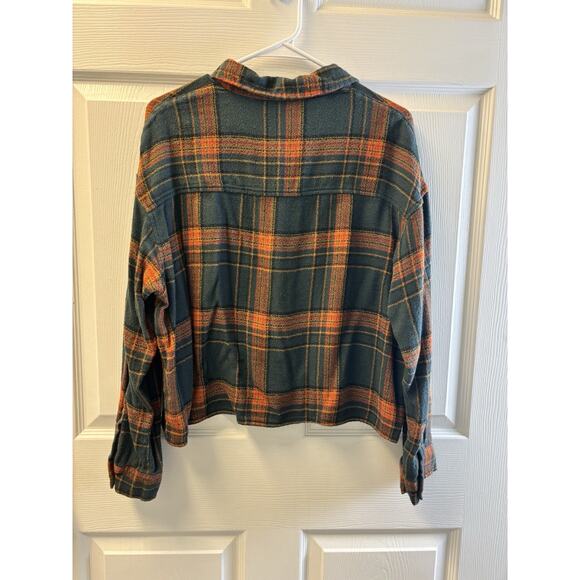 American Eagle Flannel Shirt Women Large Green Plaid Button Up Cropped Oversized - Picture 4 of 5